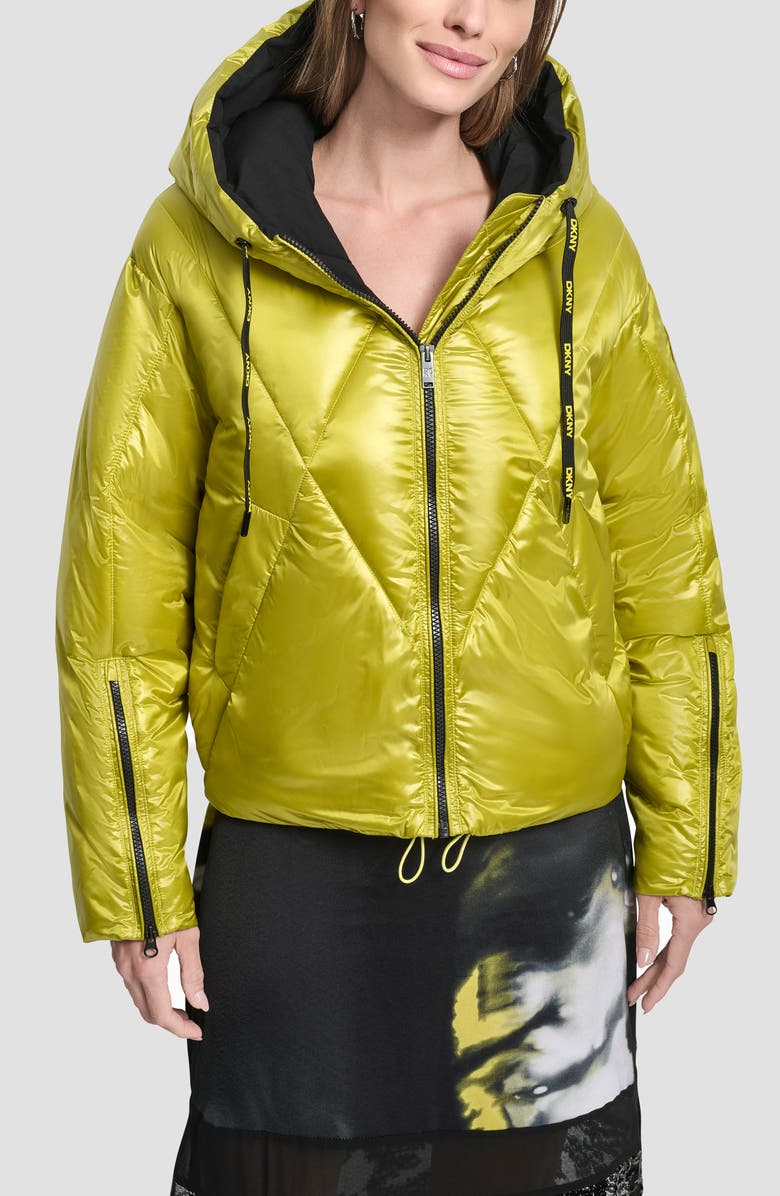 DKNY Crop Hooded Puffer Jacket, Main, color, Citronella