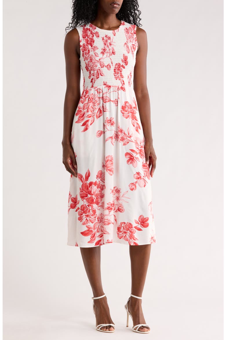Smocked Sleeveless Midi Dress, Main, color, GINGER/ WHITE