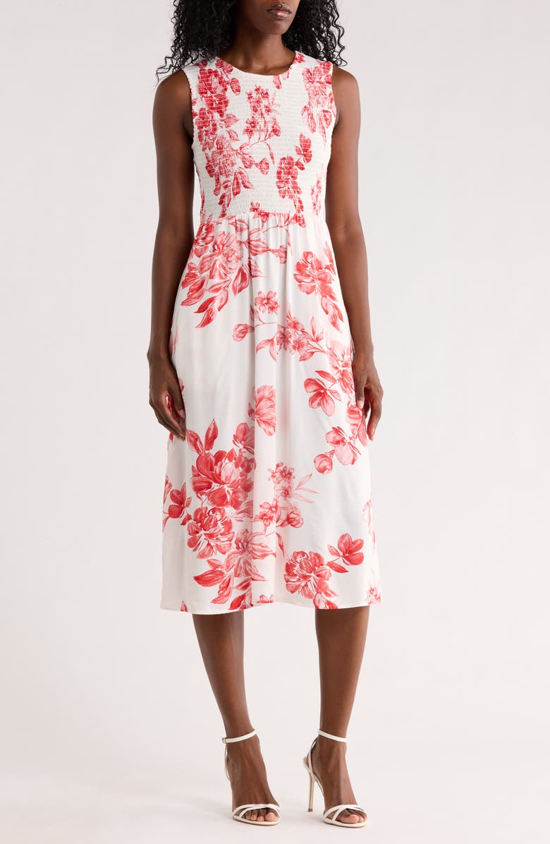 Calvin Klein Smocked Sleeveless Midi Dress, Main, color, Ginger/ White