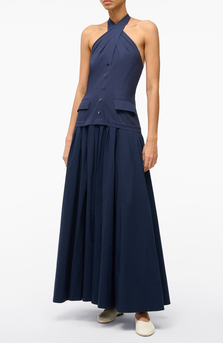 STAUD Harrington Stretch Cotton Halter Maxi Dress, Main, color, Navy