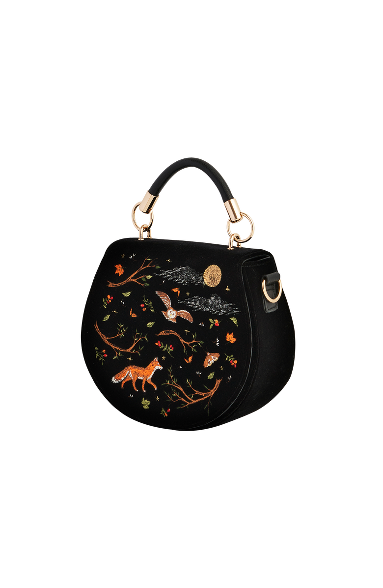 Fable England Fox & Owl Embroidered Black Top Handle Saddle Bag, Alternate, color, Black