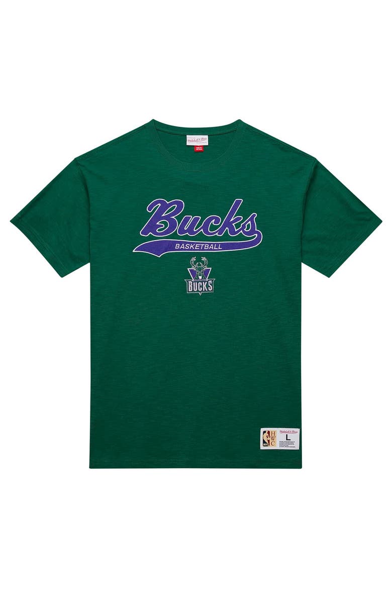 Men's Mitchell & Ness Green Milwaukee Bucks Hardwood Classics Felt Applique Slub T-Shirt, Alternate, color, Green