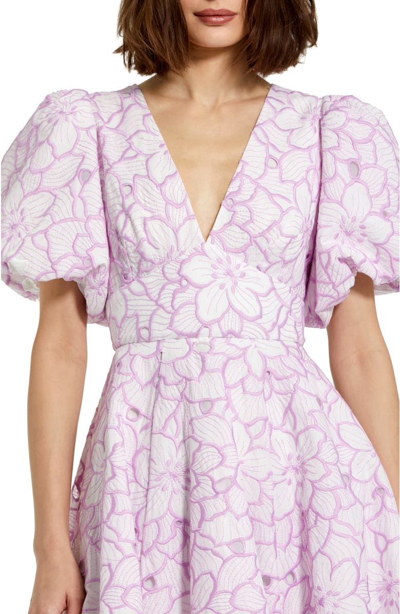 Mac Duggal Puff Sleeves Embroidered V Neckline Floral Dress, Alternate, color, Orchid White