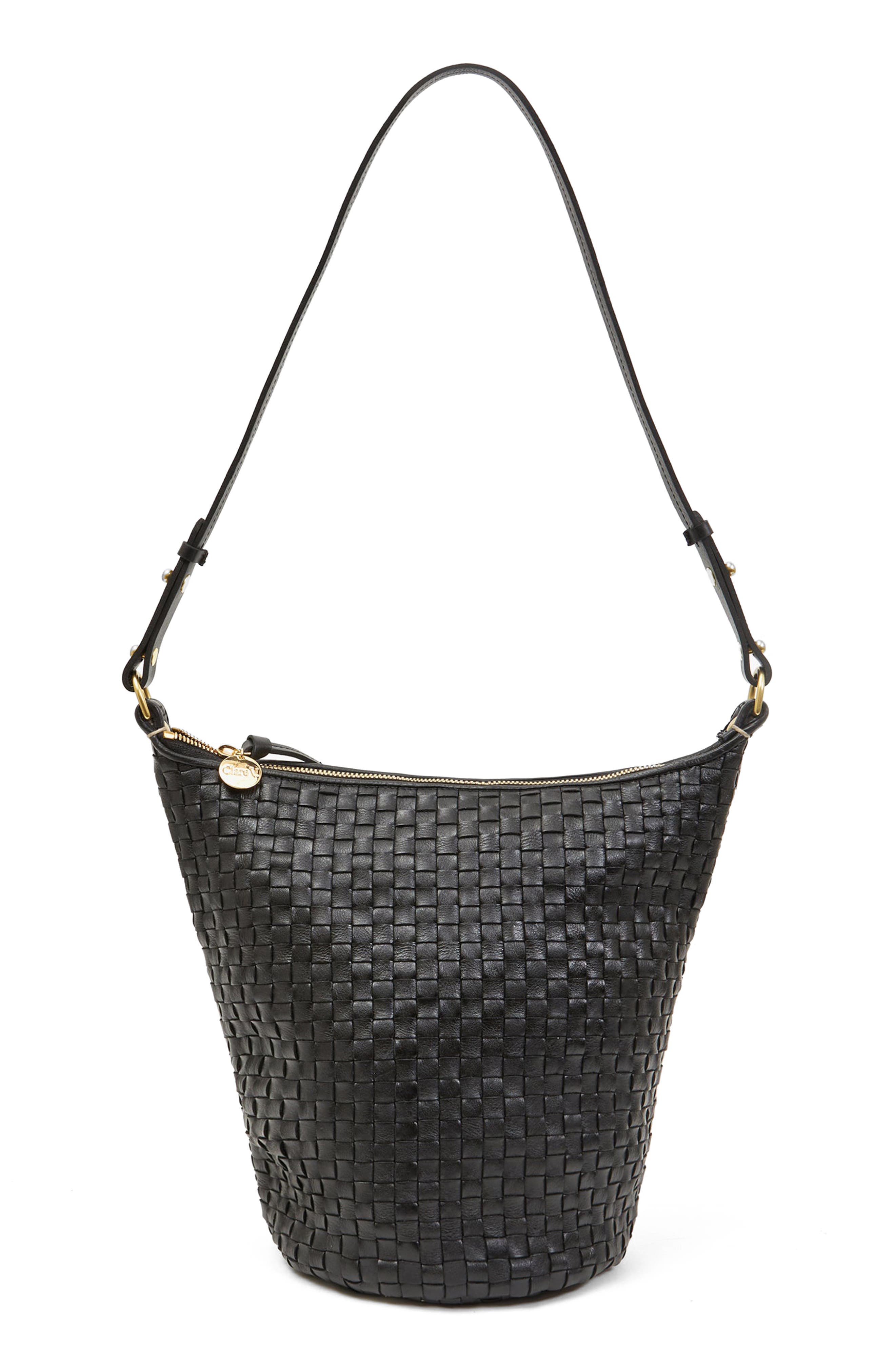 Clare V. Petite Jeanne Woven Leather Shoulder Bag in Black Woven Checker 