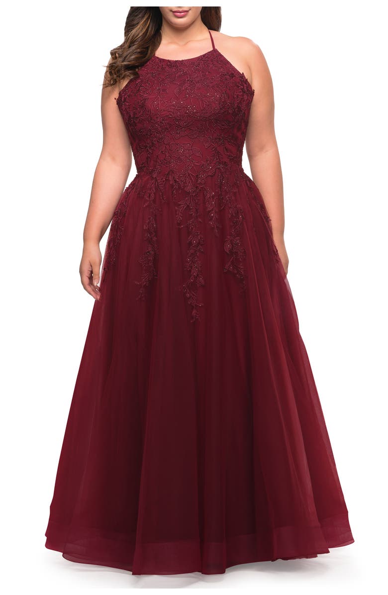 La Femme Tulle Gown with Lace Bodice and High Neckline, Main, color, Wine