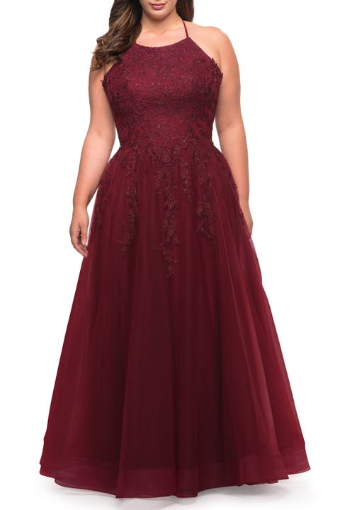 Tulle Gown with Lace Bodice and High Neckline