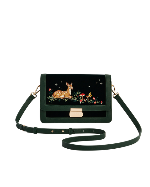 Fawn Embroidered Green Crossbody Bag