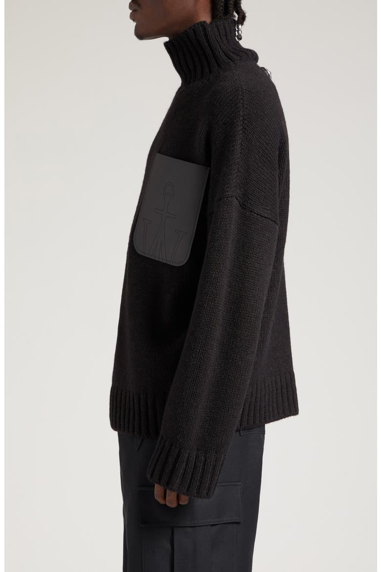 Oversize Padlock Detail Leather Patch Pocket Mock Neck Sweater, Alternate, color, BLACK