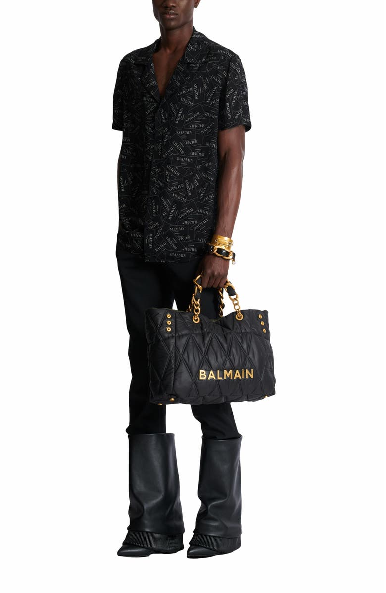 Balmain Pyjama Shirt With All-Over Balmain Label Print, Alternate, color, Black