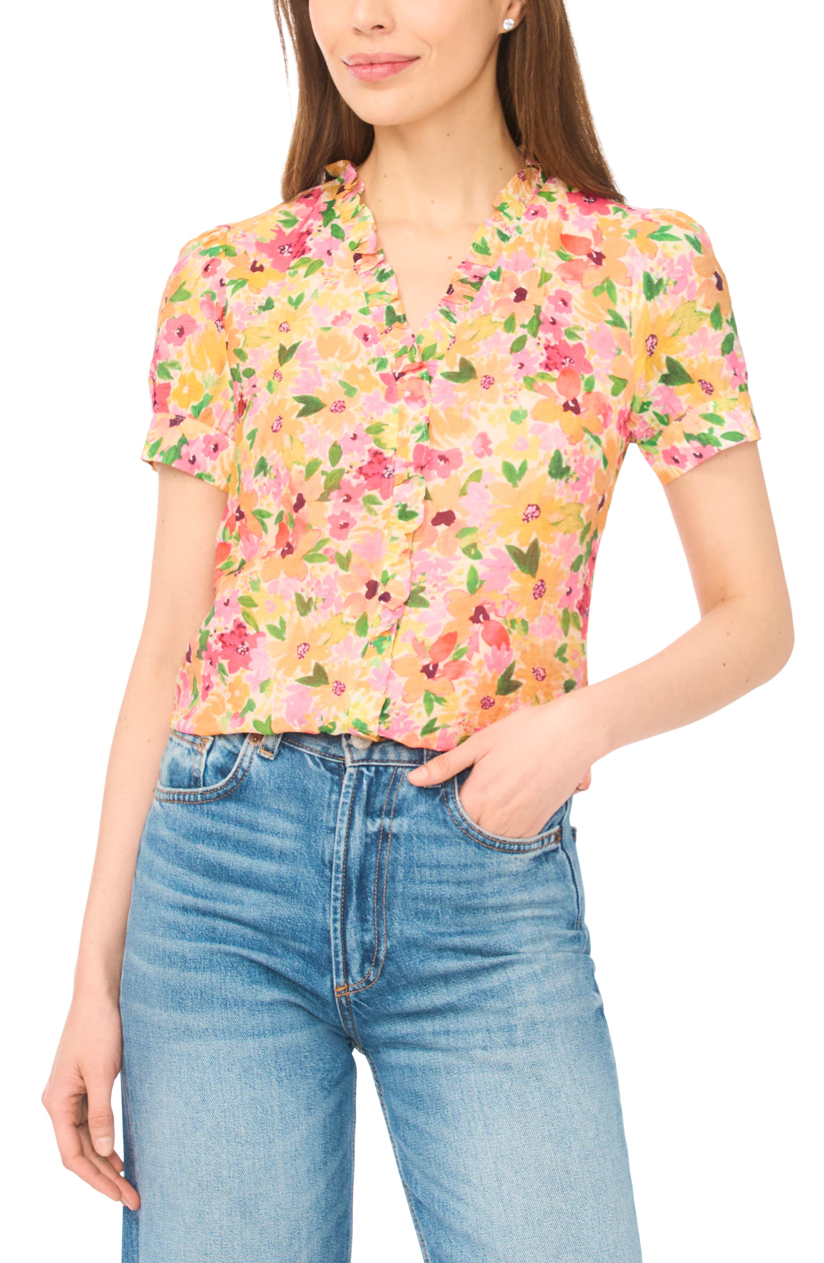 Floral Ruffle Trim Button-Up Top