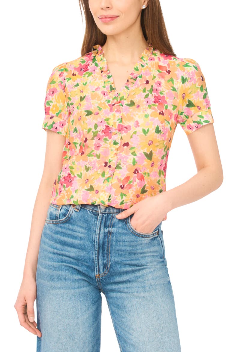 Floral Ruffle Trim Button-Up Top, Main, color, CLARET RED/ YELLOW MULTI