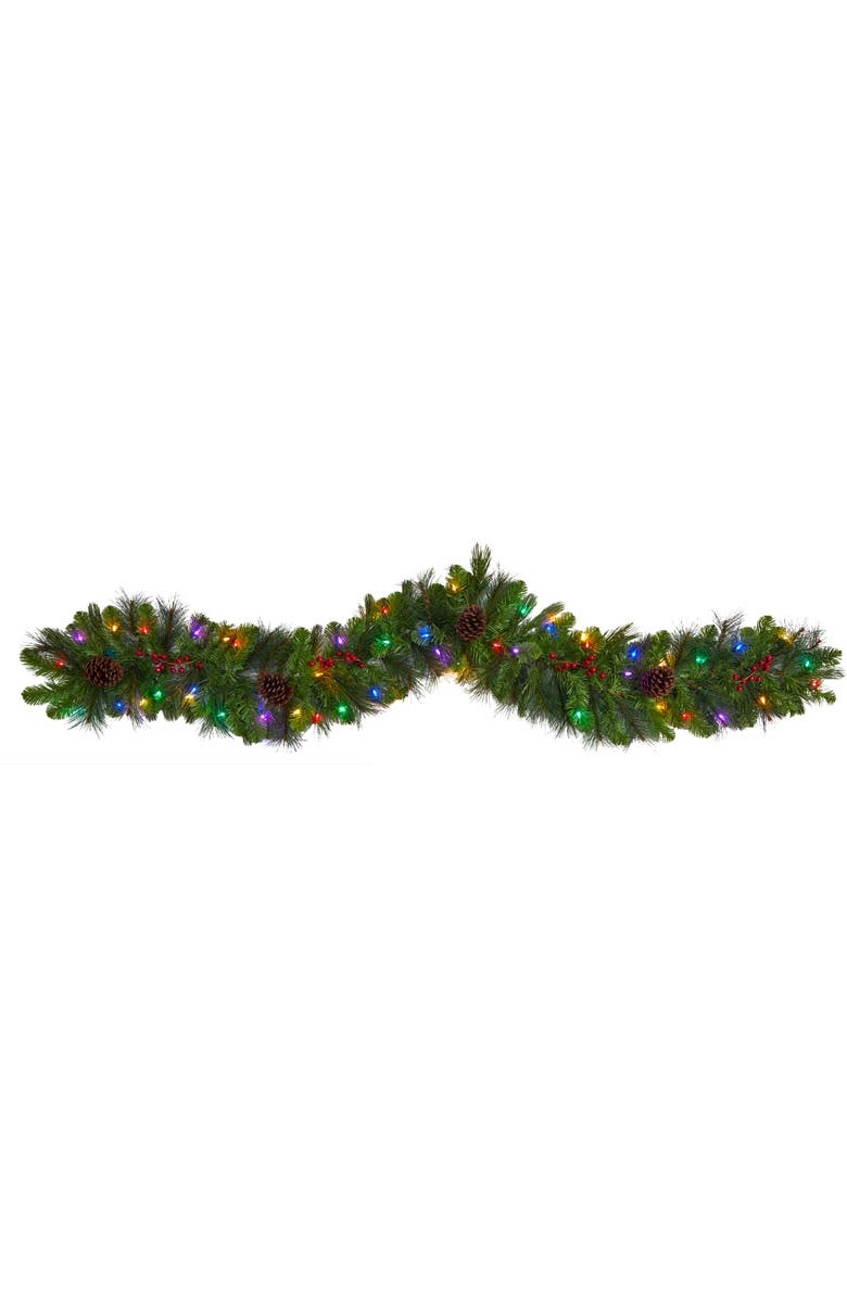 NEARLY NATURAL 6-ft Colorado Fir Artificial Christmas Garland with 50 Multicolored LED Lights, Berries and Pinecones, Main, color, Green