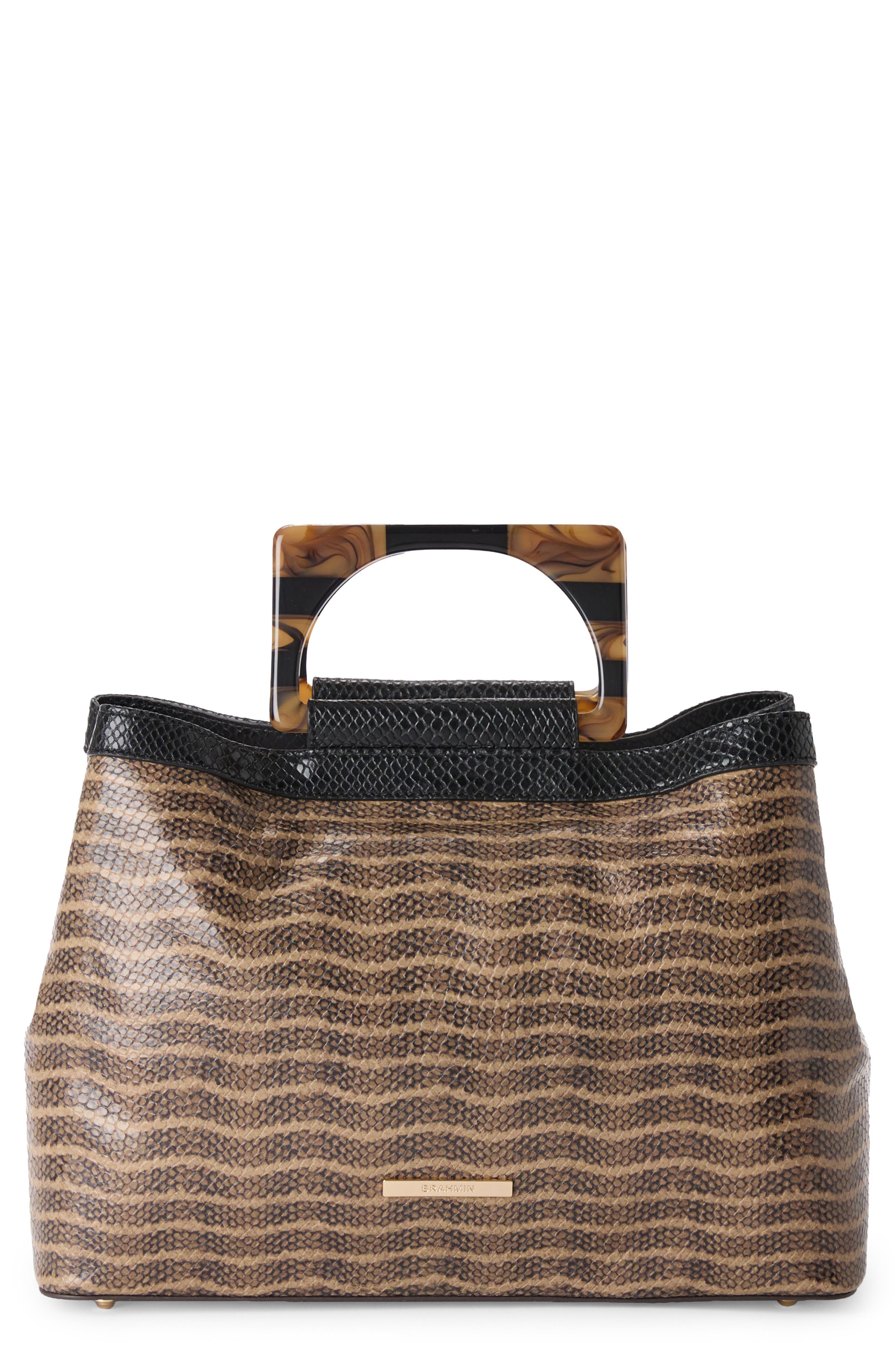 Small Denise Croc Embossed Leather Satchel, Main, color, BROWN MULTI