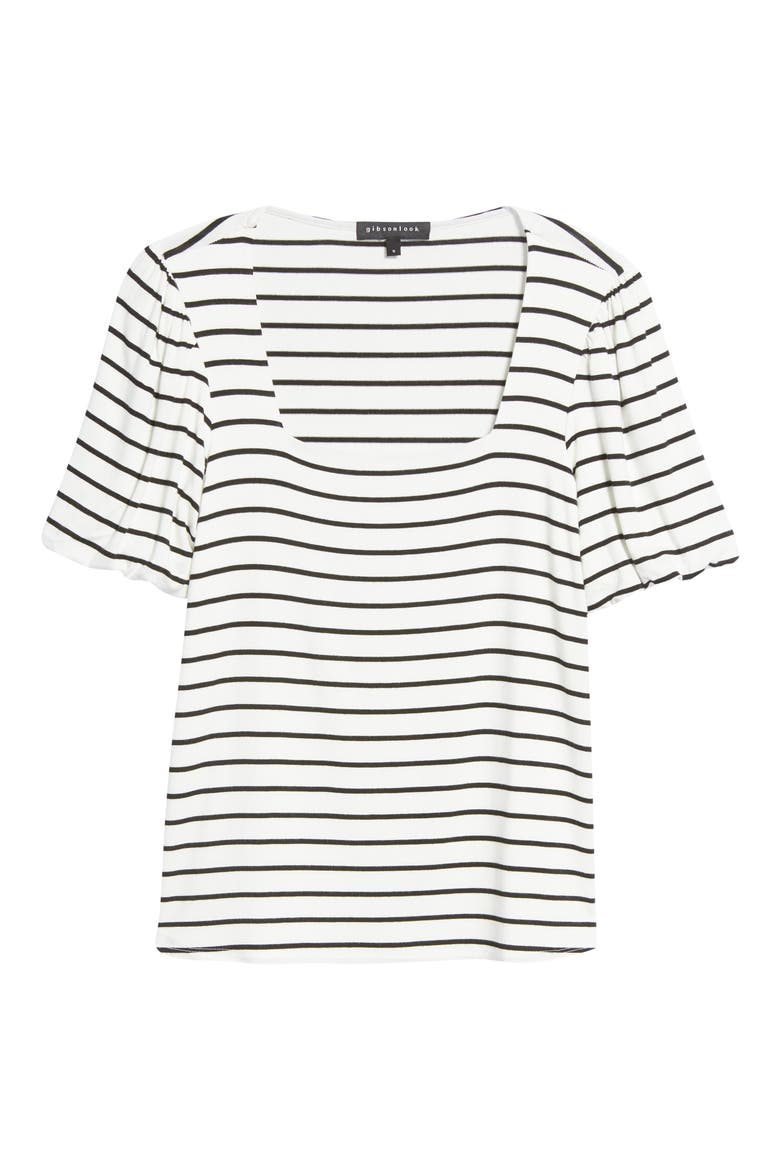 Stripe Puff Sleeve Square Neck T-Shirt, Alternate, color, IVORY/ BLACK STRIPE