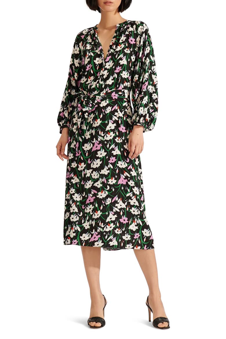 Cecilia Floral Print Long Sleeve Midi Dress, Main, color, BLACK MULTI
