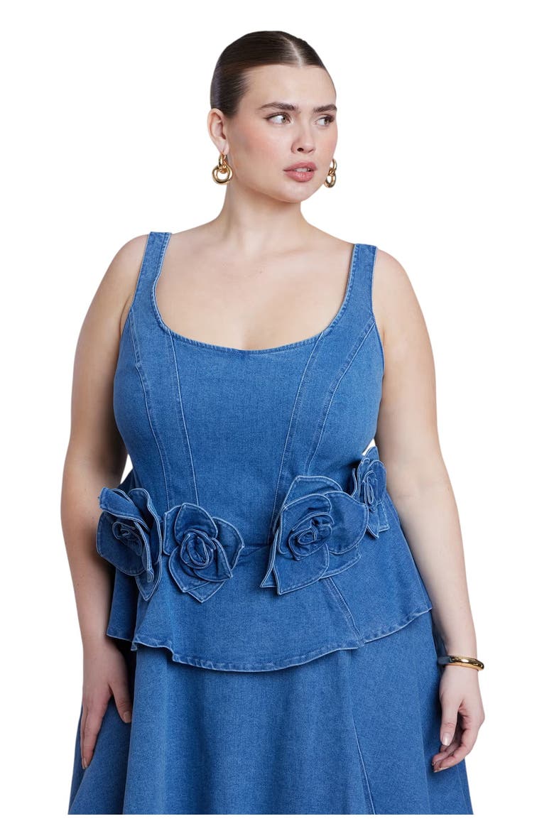 Denim Flower Applique Mini Dress, Alternate, color, MEDIUM WASH