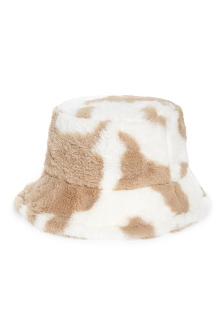 Cow Print Fleece Bucket Hat, Main, color, TAN
