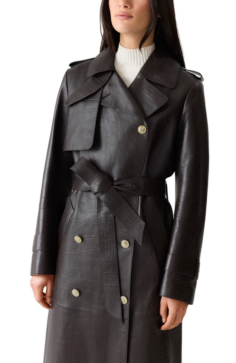 Mackage Gael Double Breasted Lambskin Leather Trench Coat, Alternate, color, Coffee