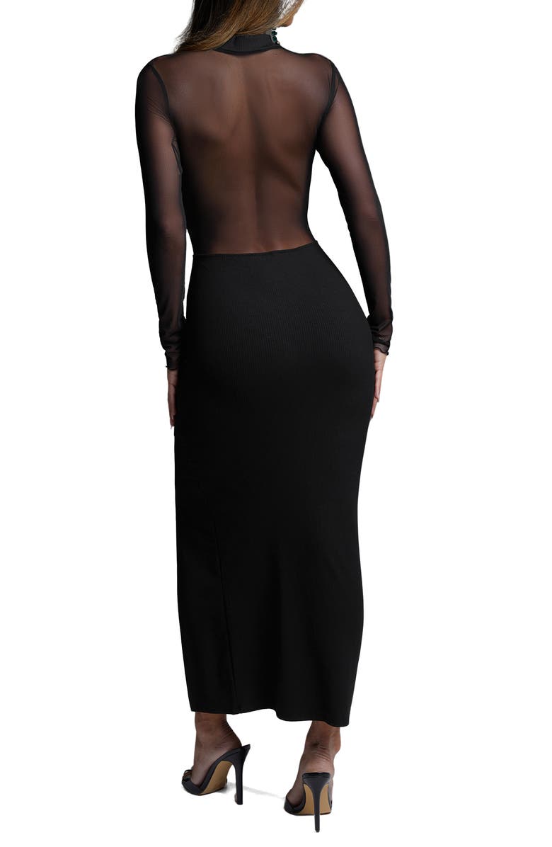 bebe Powermesh Long Sleeve Midi Dress, Alternate, color, Black