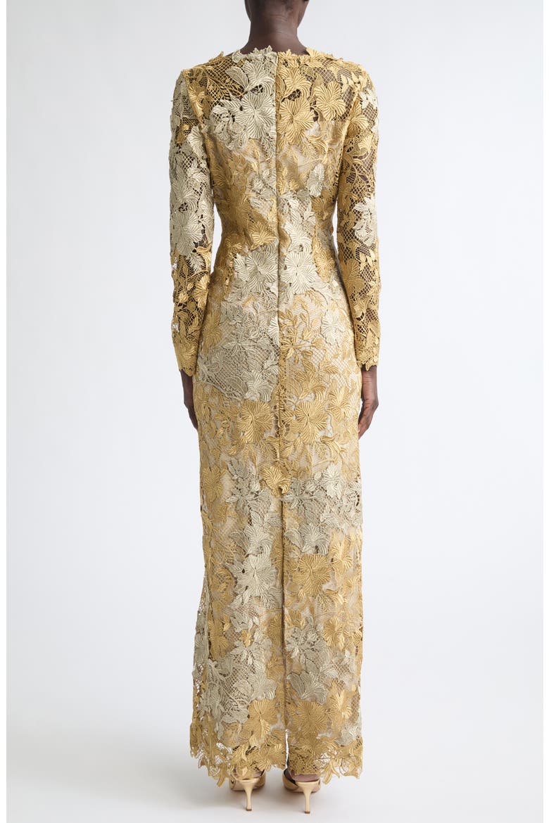 Hibiscus Metallic Long Sleeve Guipure Lace Gown, Alternate, color, GOLD/ WHITE GOLD