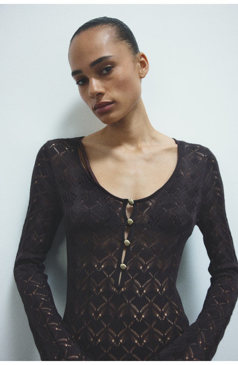 H&M Crochet-look Button-top Dress, Alternate, color, Dark Brown
