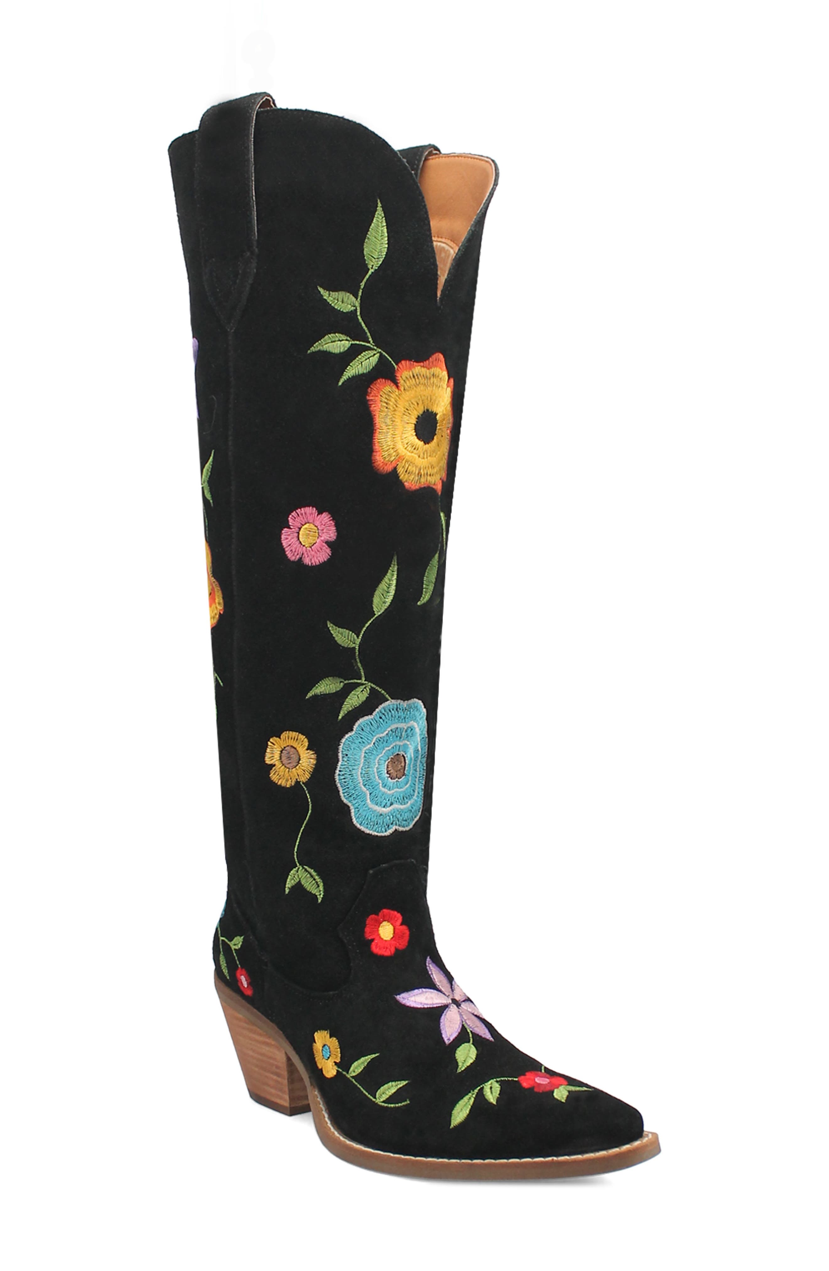 Dingo Flower Power Knee High Western Boot, Main, color, Black