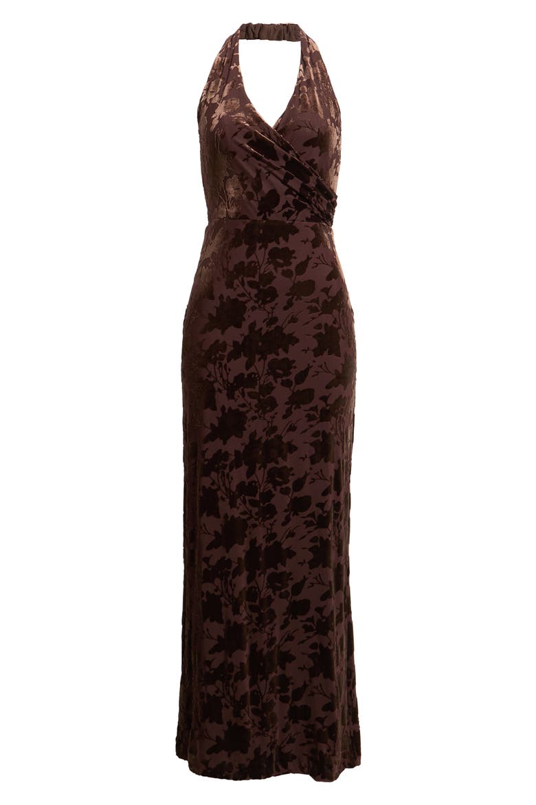 Floral Burnout Halter Neck Maxi Dress, Alternate, color, COFFEE BEAN