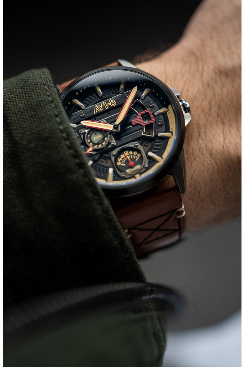 Hawker Harrier Farley Leather Strap Watch, 44mm, Alternate, color, BLACK