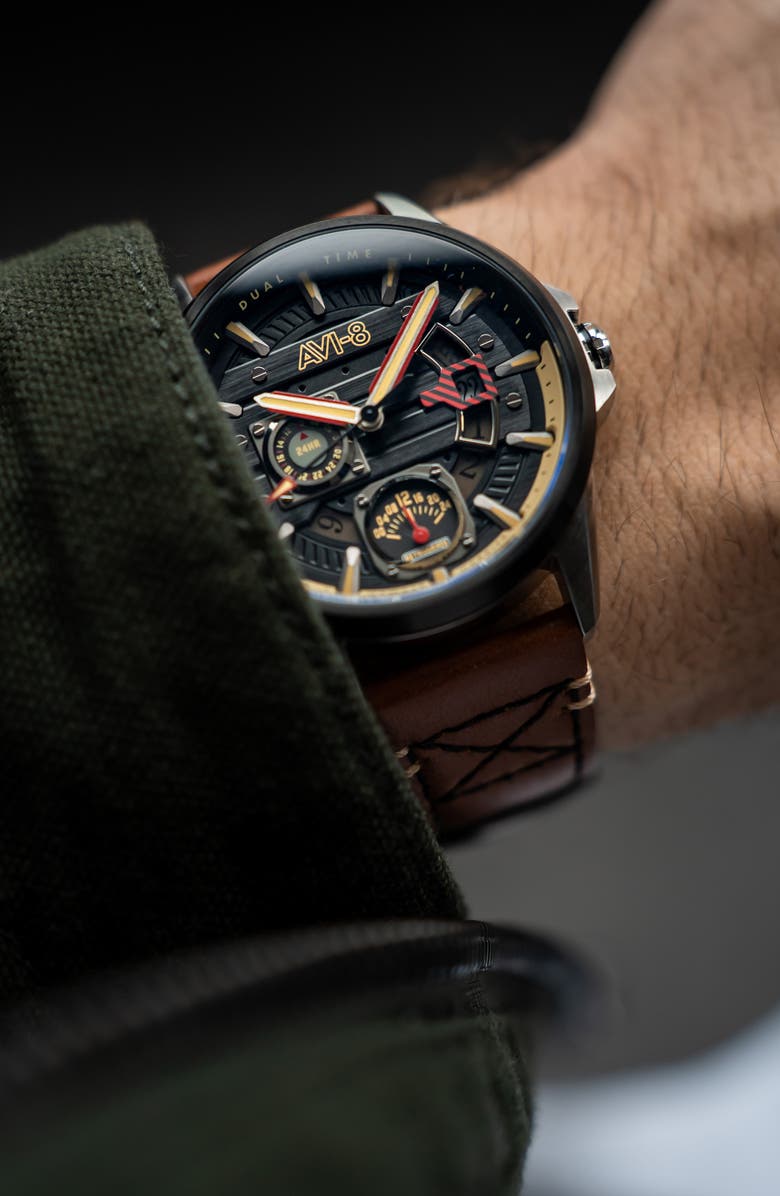 AVI-8 Hawker Harrier Farley Leather Strap Watch, 44mm, Alternate, color, Black