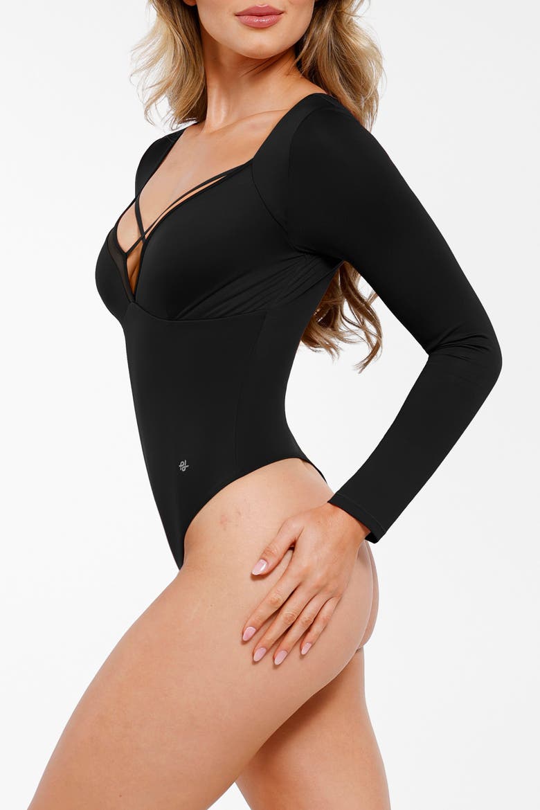 Shapewear Long Sleeve Mesh Inset Tummy Control Bodysuit, Alternate, color, Jet