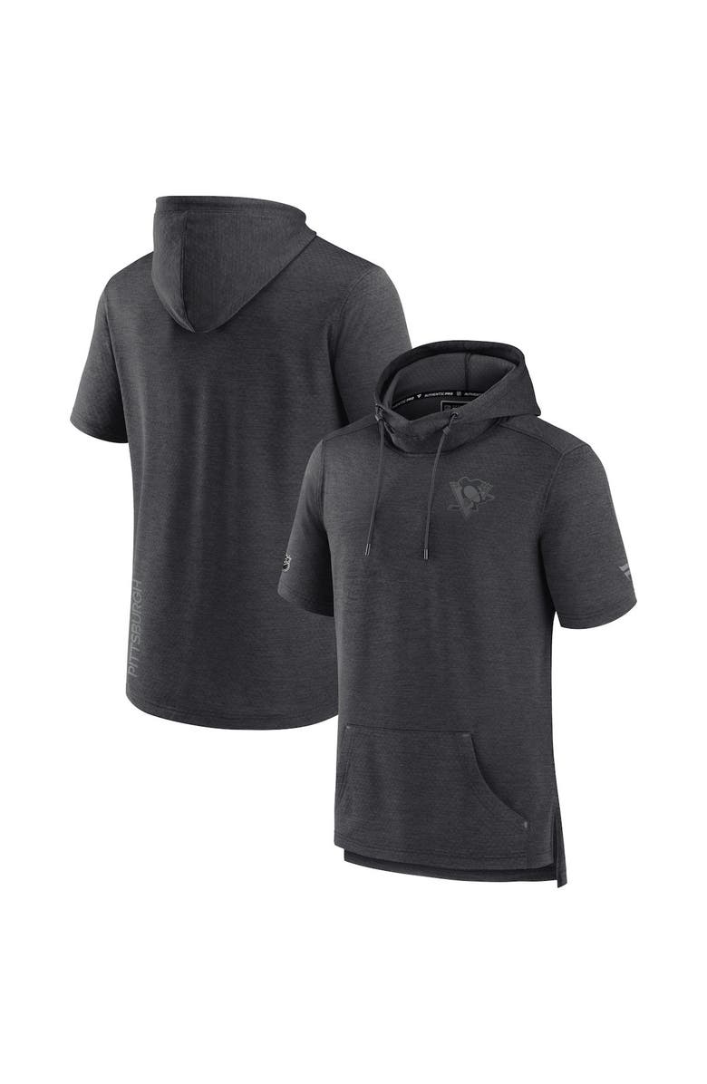 FANATICS Men's Fanatics Branded Heather Charcoal Pittsburgh Penguins Authentic Pro Road Performance Short Sleeve Pullover Hoodie, Main, color, 