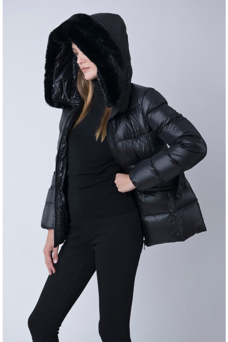 Lux Faux Fur Lined Water Resistant Recycled Nylon Down Puffer Jacket, Alternate, color, BLACK