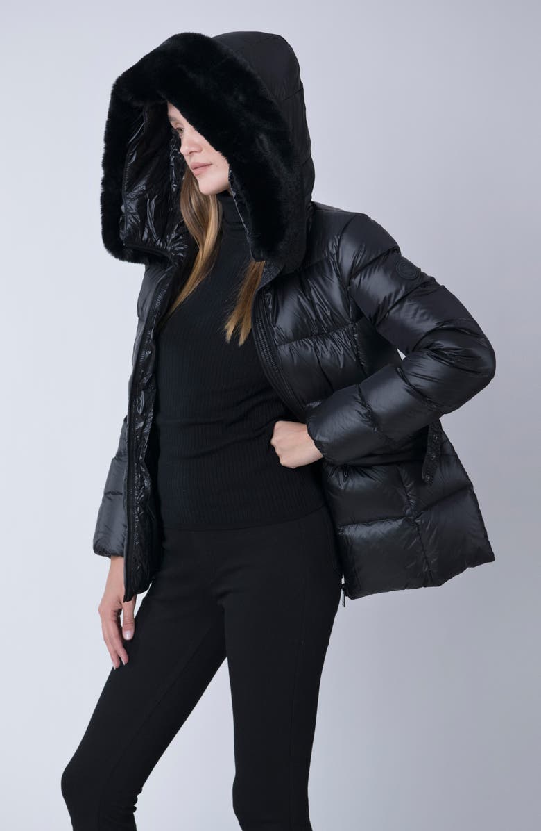 The Recycled Planet Company Lux Faux Fur Lined Water Resistant Recycled Nylon Down Puffer Jacket, Alternate, color, Black