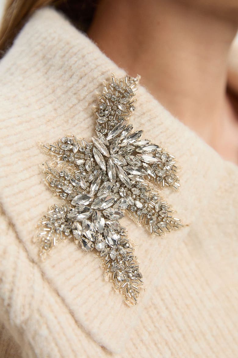 Embellished Collar V Neck Knit Sweater, Alternate, color, Cream