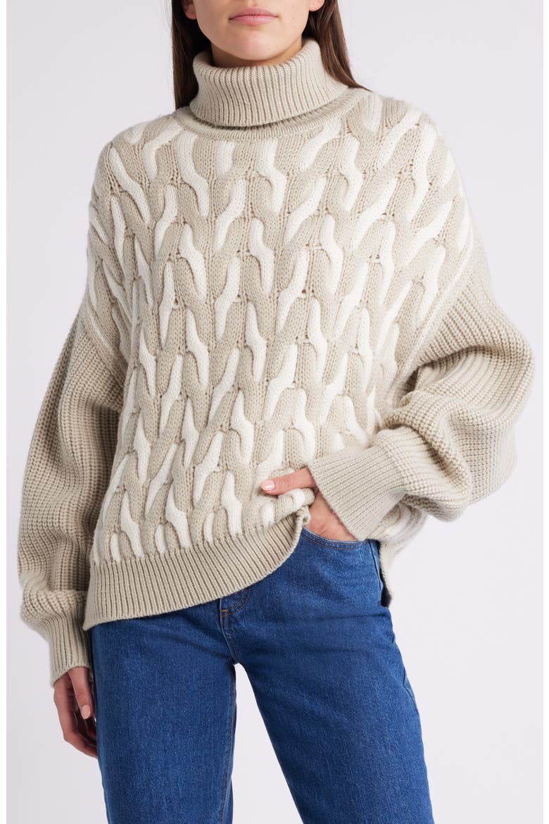 Ferdolia Two-Tone Cable Stitch Virgin Wool Turtleneck Sweater, Main, color, DRIED SAGE INTERLOCK