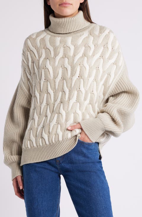 Ferdolia Two-Tone Cable Stitch Virgin Wool Turtleneck Sweater