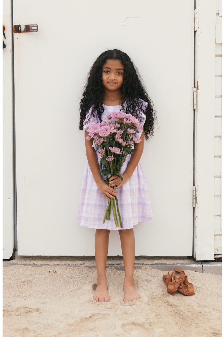 Kids' Linen Flutter Sleeve Pinafore Dress, Alternate, color, Monet Plaid