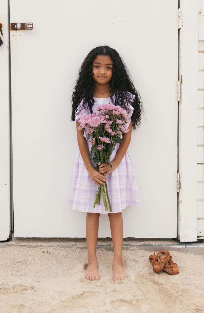 Hope & Henry Kids' Linen Flutter Sleeve Pinafore Dress, Alternate, color, Monet Plaid