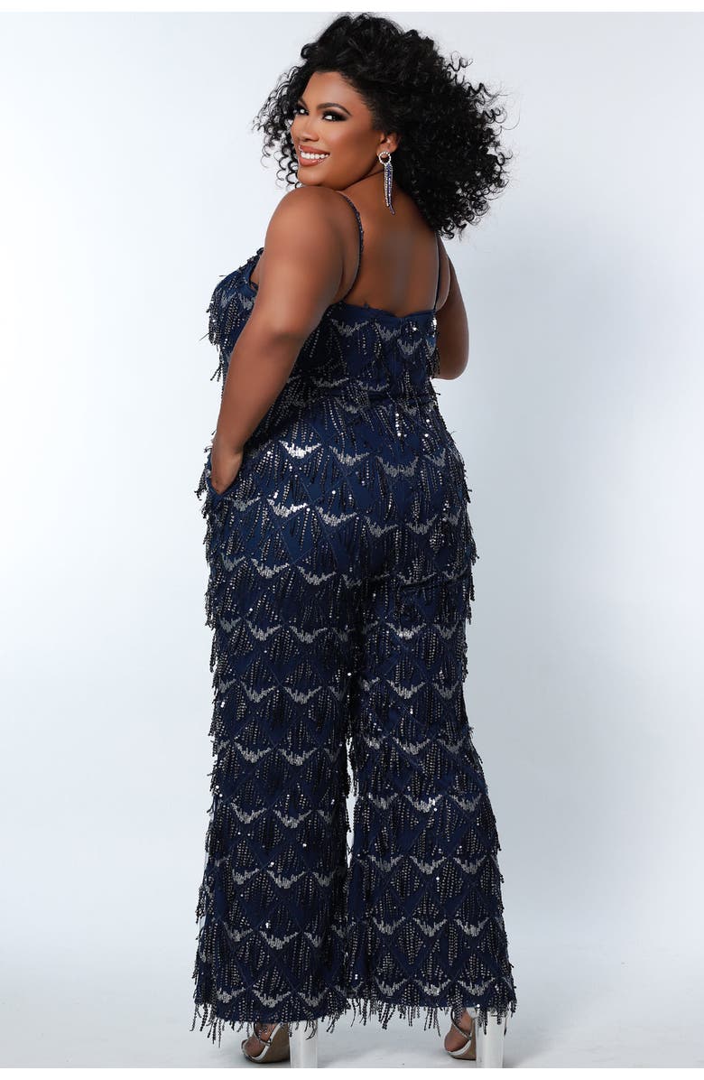 Sydney's Closet Spaghetti Strap Sequin fringe Plus Size Jumpsuit, Alternate, color, Navy