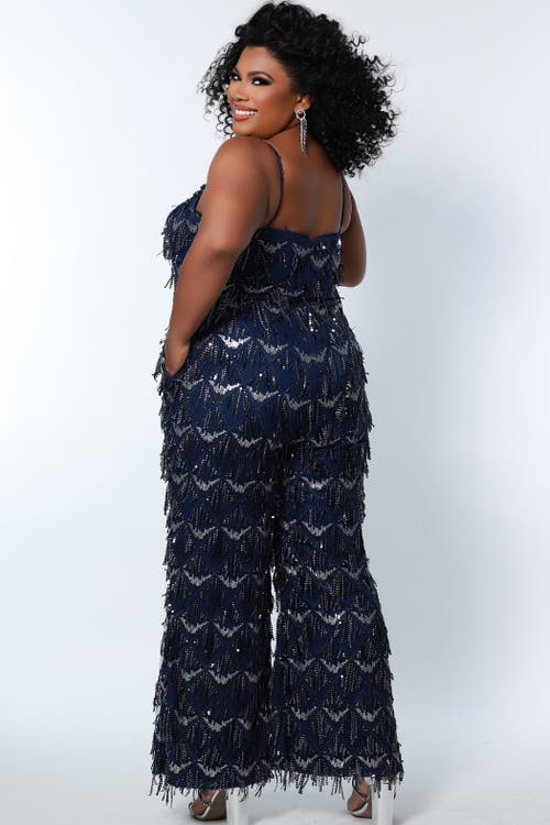 Sydney's Closet Spaghetti Strap Sequin Fringe Plus Size Jumpsuit In Navy