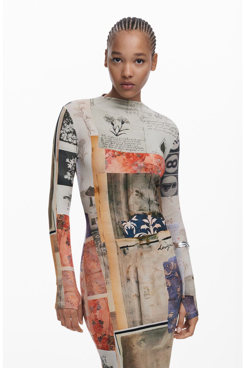 Mix Print Long Sleeve Midi Dress, Alternate, color, BEIGE