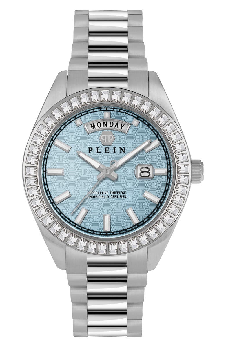 PHILIPP PLEIN Date Superlative Crystal Bezel Bracelet Watch, 42mm, Main, color, Stainless Steel