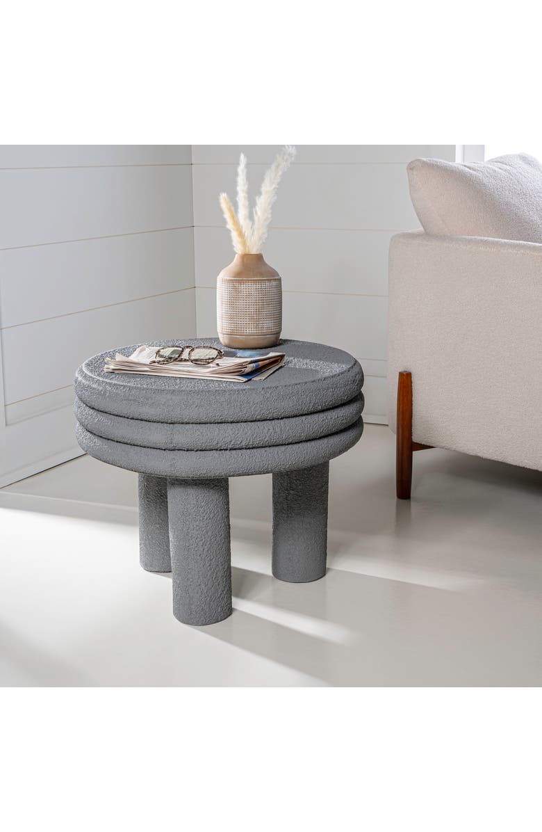 JONATHAN Y Rashida Modern Round Polyresin Indoor/Outdoor Low Accent Coffee Table, Chunky Ribbed Tripod Base, All-Weather, Alternate, color, Gray Frosted