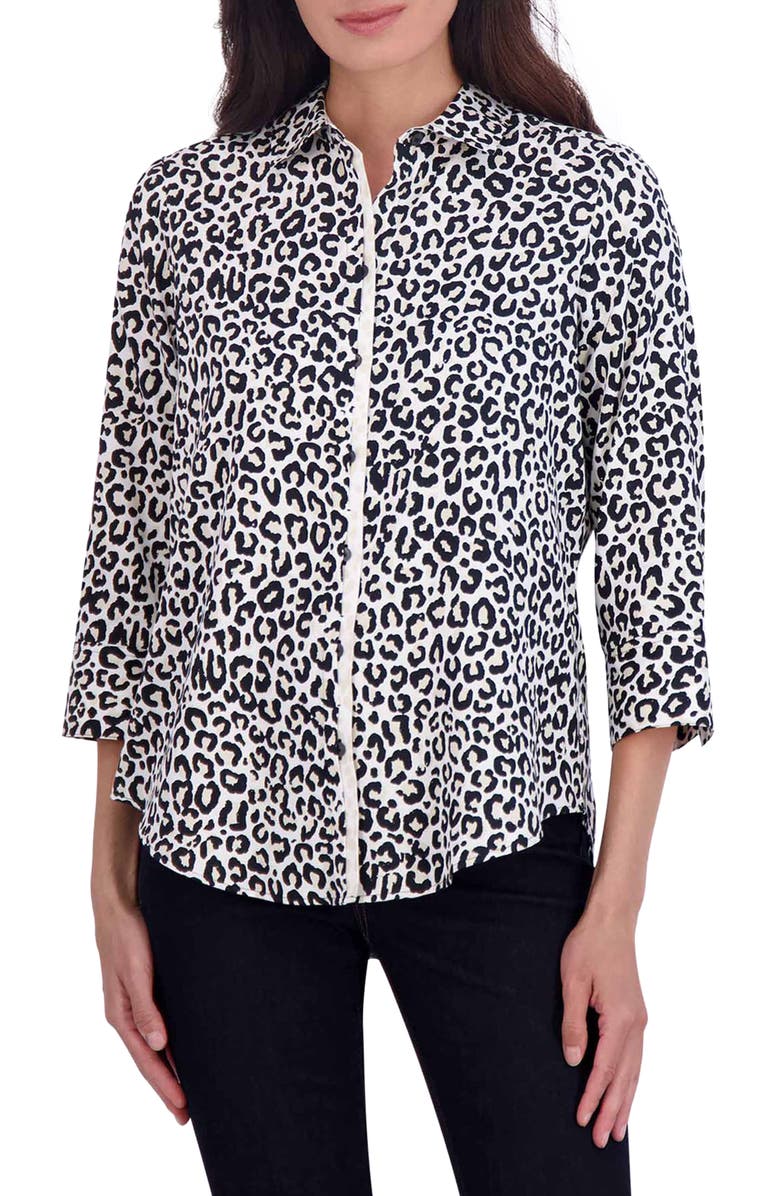 Foxcroft Charlie Leopard Print Cotton Button-Up Shirt, Main, color,