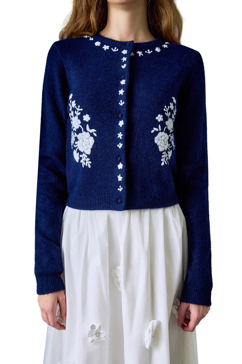 Floral Embroidered Cardigan, Alternate, color, NAVY/ WHITE