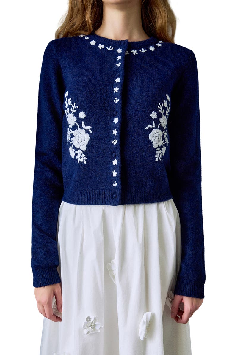 English Factory Floral Embroidered Cardigan, Alternate, color, Navy/ White