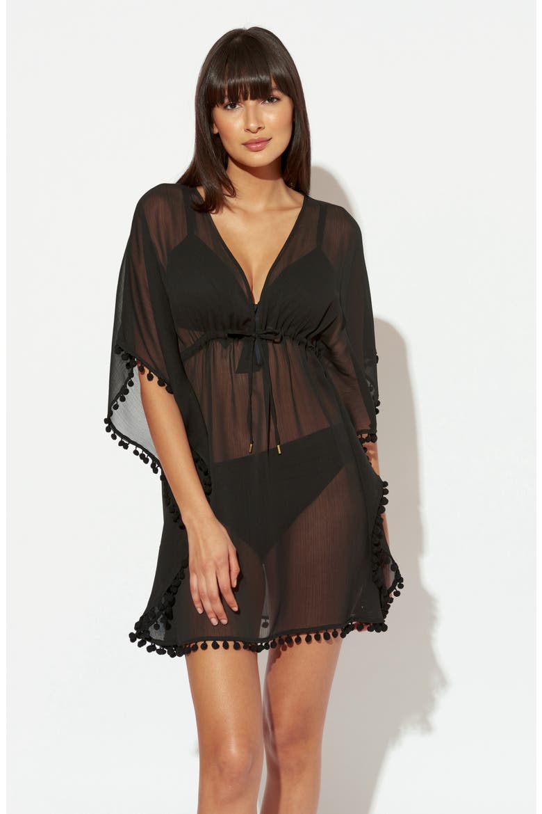 Gypset Pompom Sheer Cover-Up Caftan, Alternate, color, BLACK