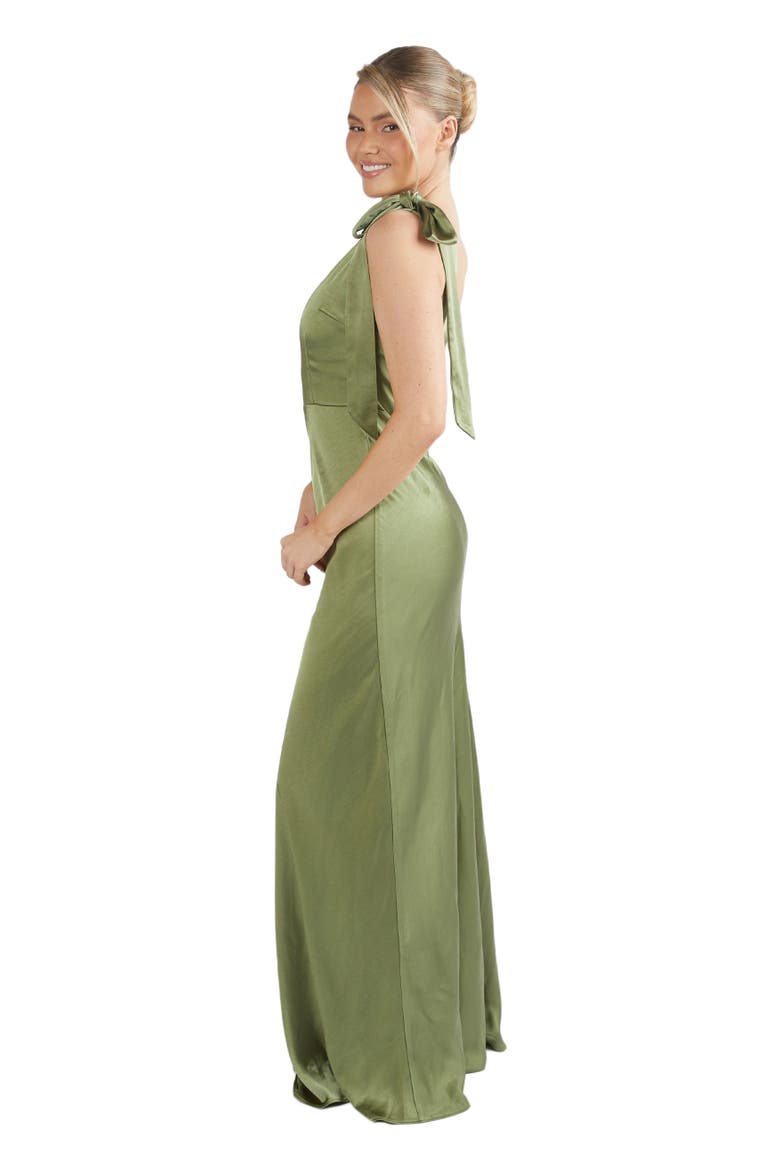 Bow One Shoulder Satin Bridesmaid Dress, Alternate, color, Moss Green