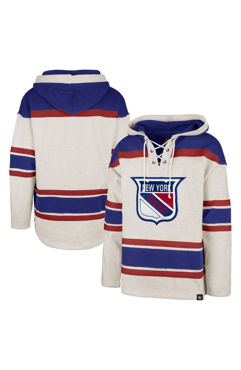 '47 Men's '47 Oatmeal New York Rangers Rockaway Lace-Up Pullover Hoodie, Main, color, 