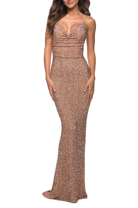 Soft Sequin Long Gown with Lace Up Back